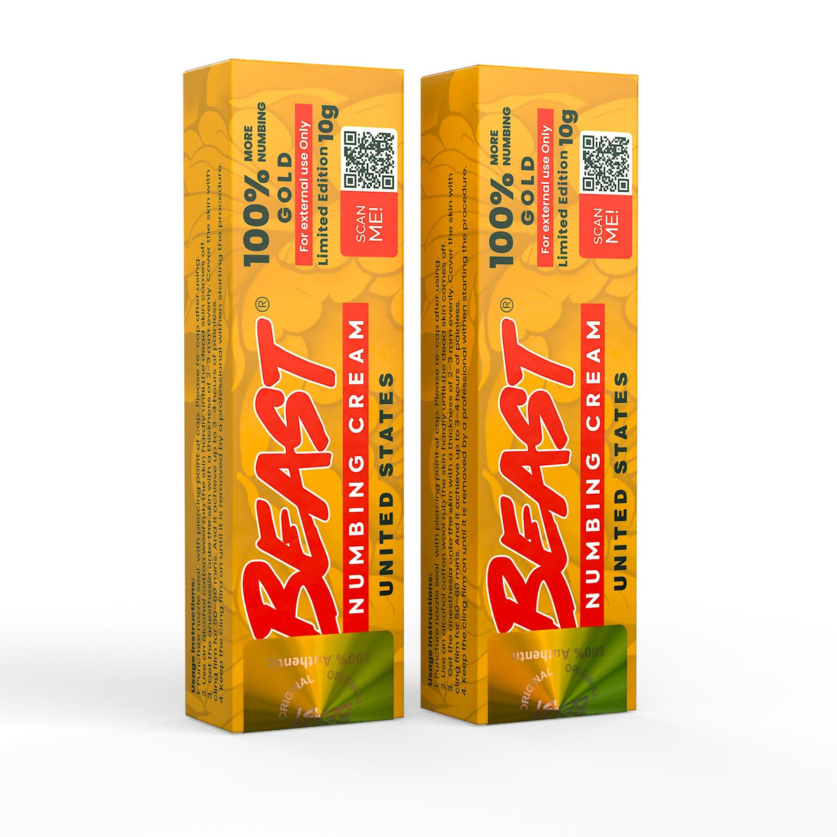 The Beast Cream Gold cosmetic cream in two orange-gold cartons with red lettering, QR codes, and green lower panels.
