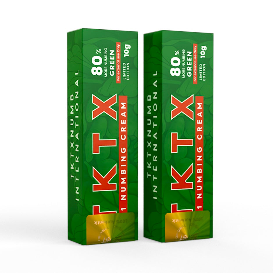 TKTX Cream Green 80% boxes, green packaging with bold red and white lettering and gold-patterned lower panels.