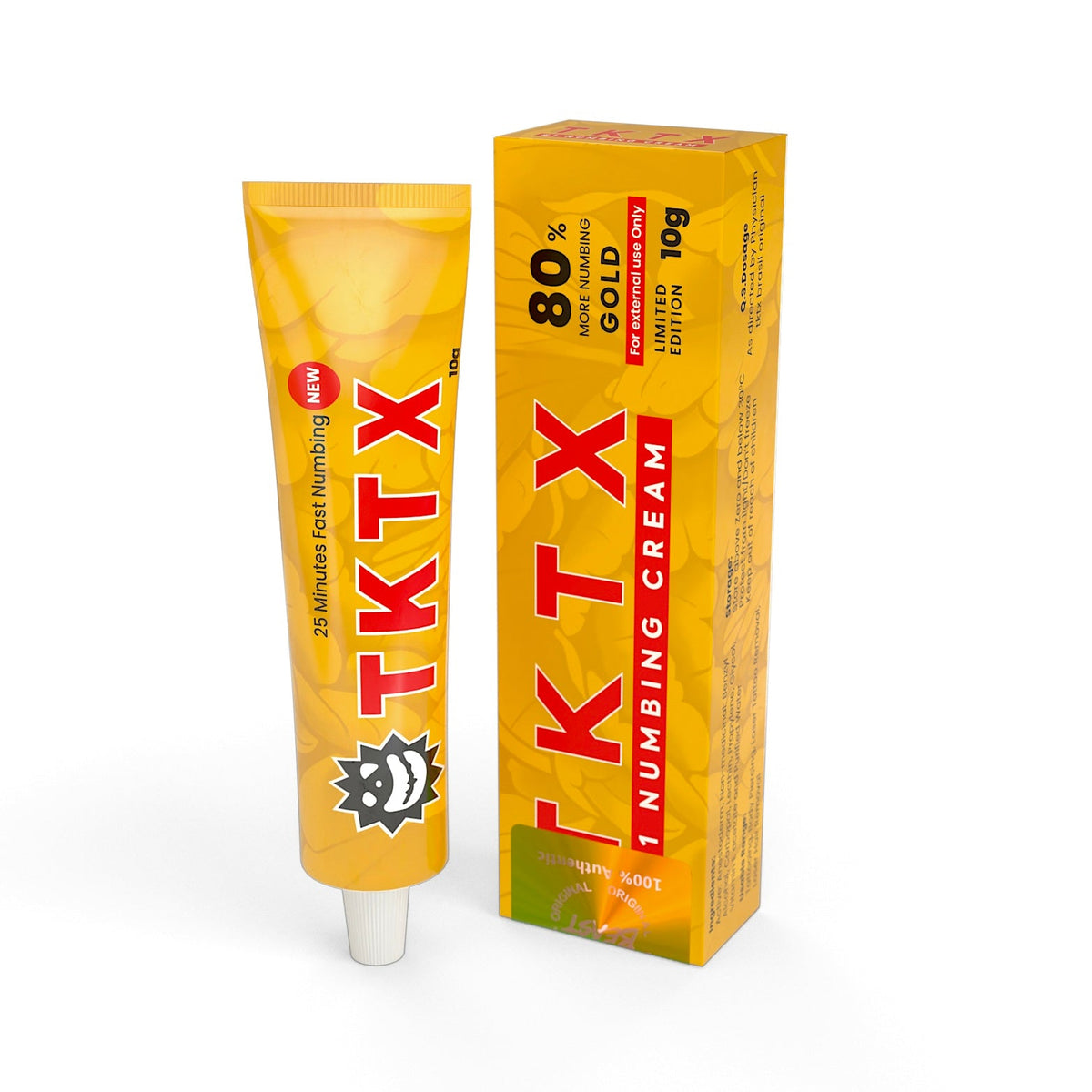 TKTX Cream Gold numbing cream in a yellow tube and matching box, featuring bold red branding and 10g size details