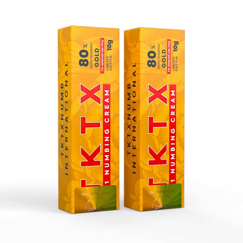 TKTX Numbing Cream Gold, two 10g orange and gold boxes with bold red lettering and 80% label