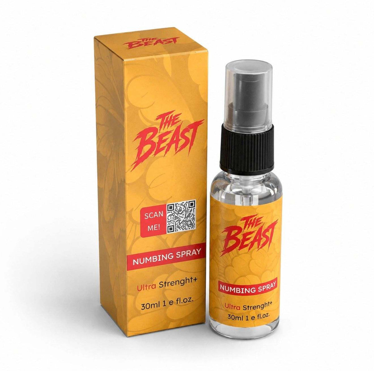 THE BEAST NUMBING SPRAY in a clear bottle with black pump, gold-and-orange label, red lettering, and matching gold carton.