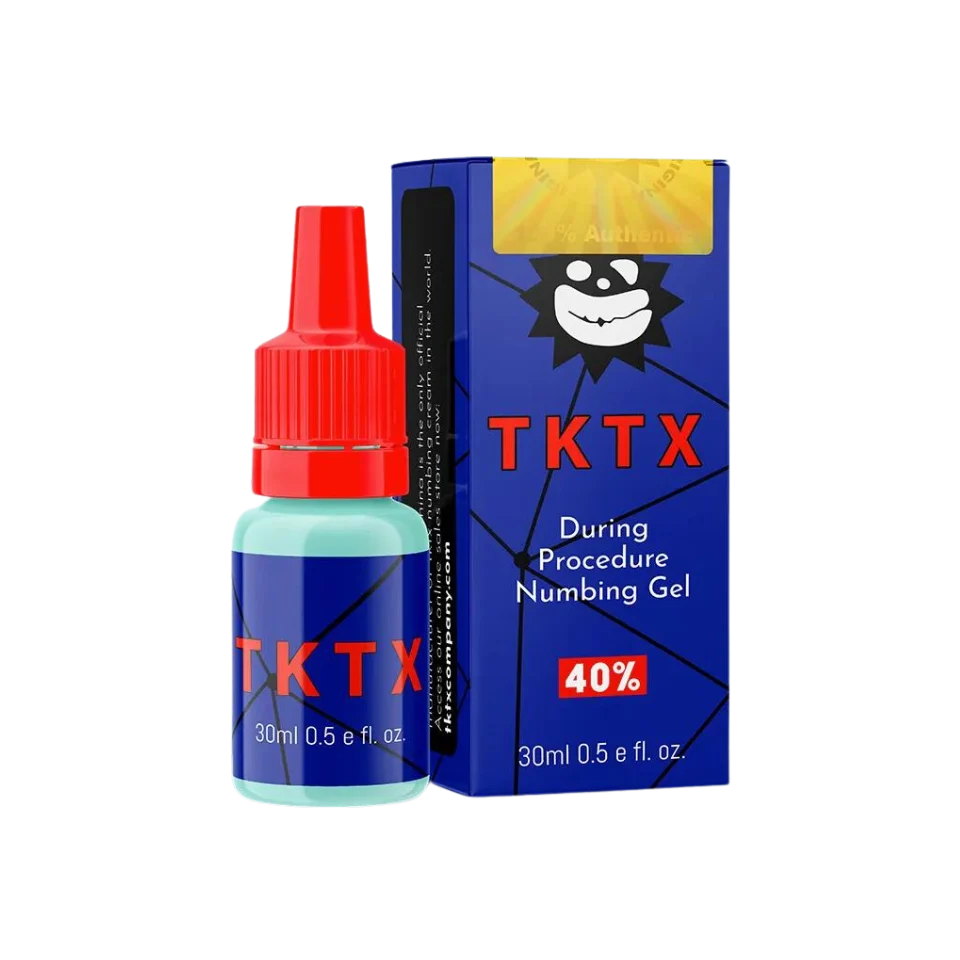 TKTX Gel - MID PROCEDURE GEL in a blue box with a matching small bottle, red nozzle and 40% label.