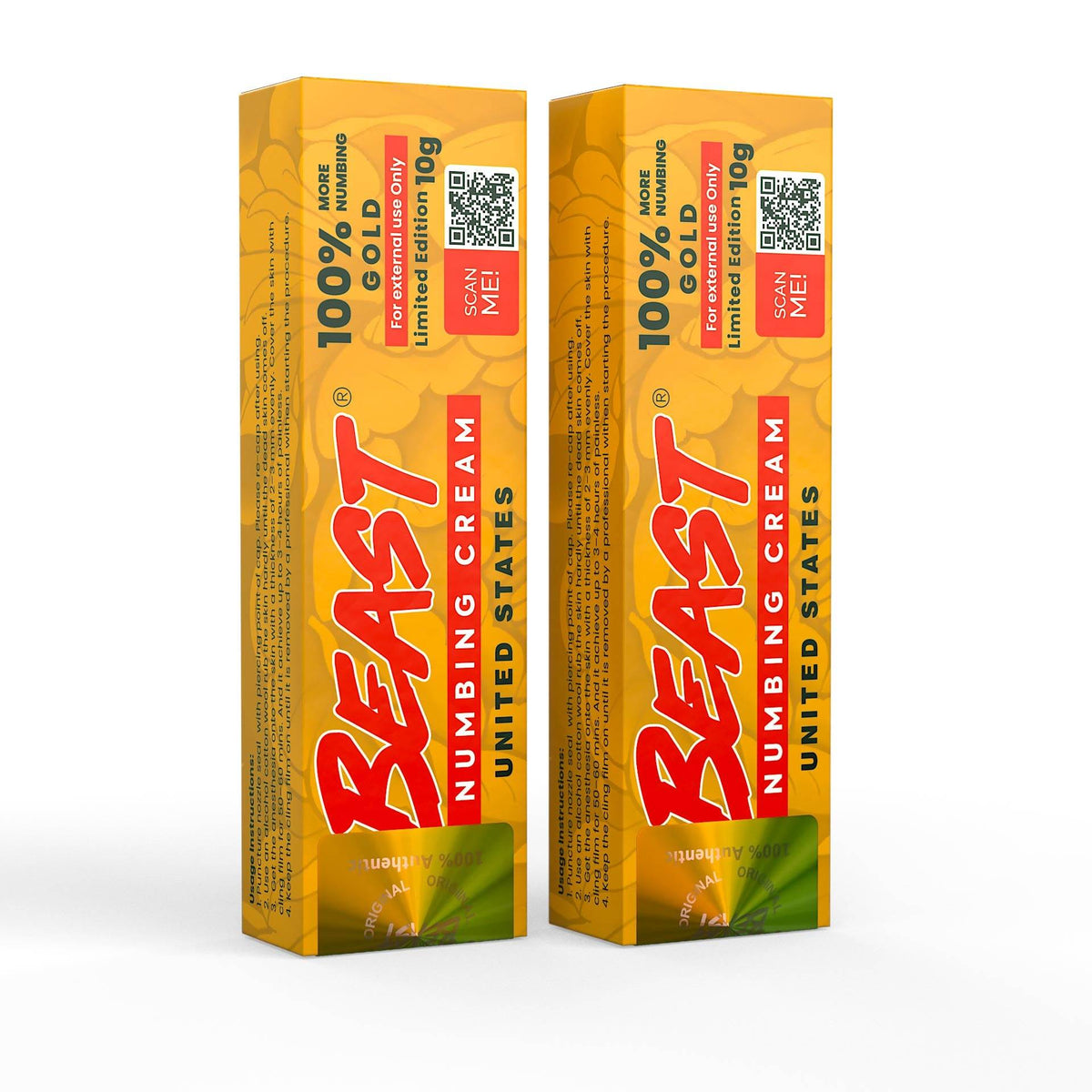 The Beast Cream Gold 10g topical cream, two yellow and orange boxes with bold red branding and gold accents