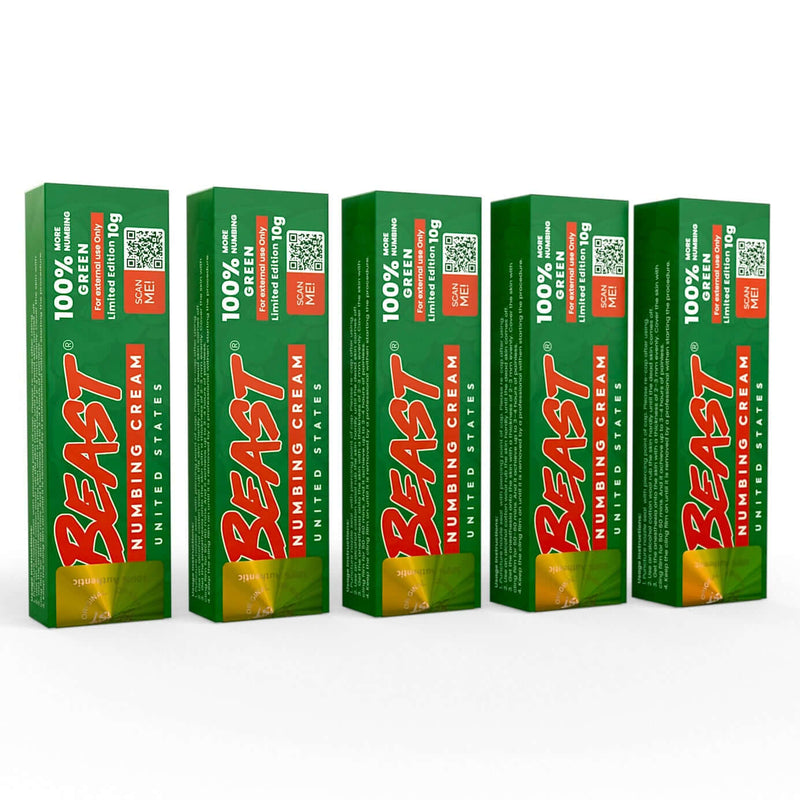Beast Numbing Cream in five green cardboard boxes with bold red and white lettering and gold accents.