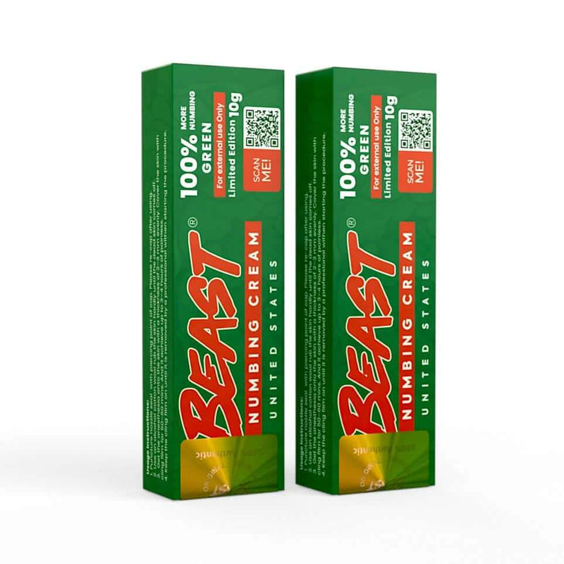 Beast Numbing Cream in two green rectangular cartons, with bold red and white lettering and QR codes.