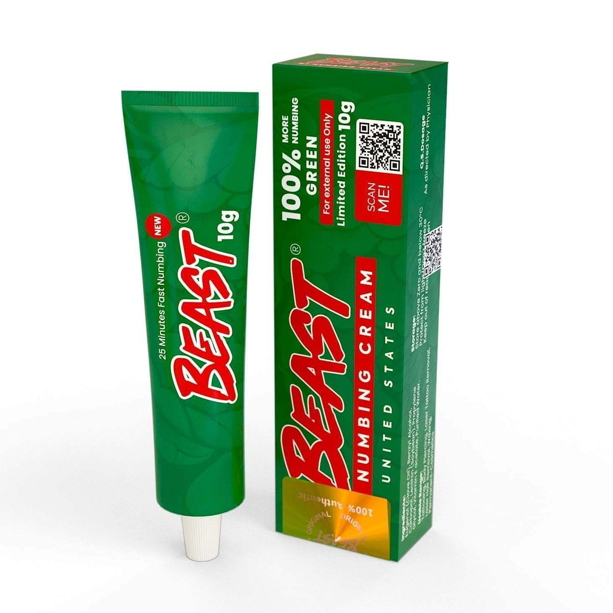 Beast Numbing Cream Green 10g tube and box for long-lasting pain relief during tattoos and cosmetic procedures