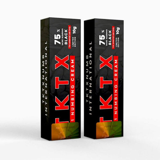 Two pack of black TKTX numbing cream tubes for tattoos and cosmetic procedures