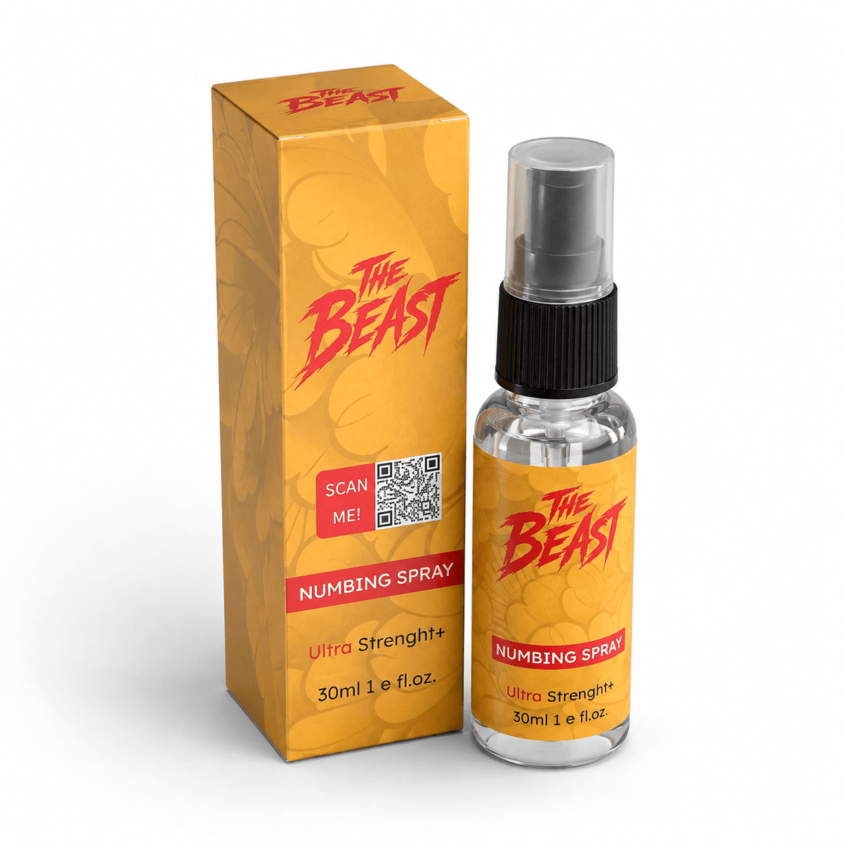 Bottle of THE BEAST NUMBING SPRAY GOLD for fast tattoo pain relief and swelling reduction