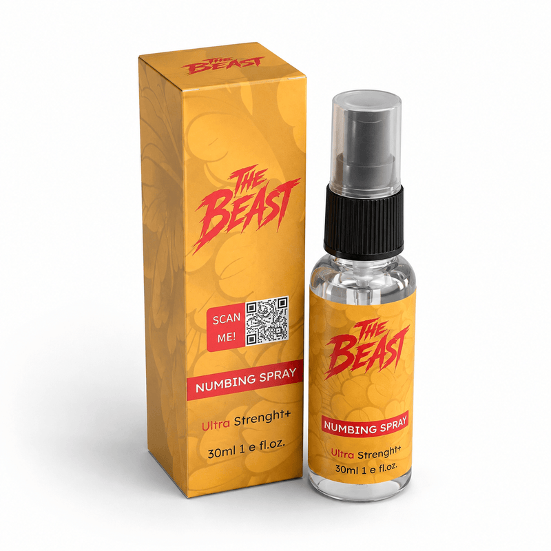 Bottle of THE BEAST NUMBING SPRAY GOLD for fast tattoo pain relief and swelling reduction