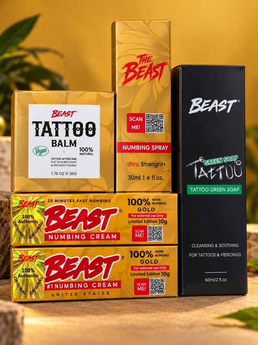 Beast Tattoo Numbing & Aftercare Kit with gold and black packaging, featuring creams, spray, green soap and balm.