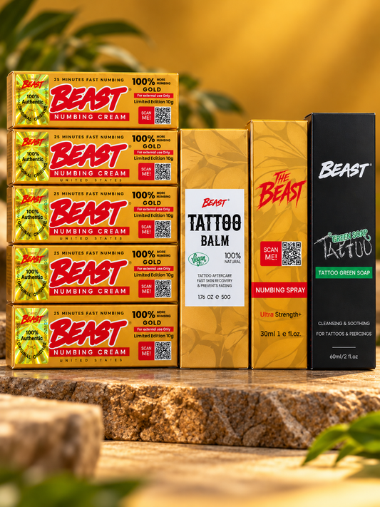 Beast Tattoo Numbing & Aftercare Kit with gold packaging, five numbing cream tubes, tattoo balm, spray and green soap bottles