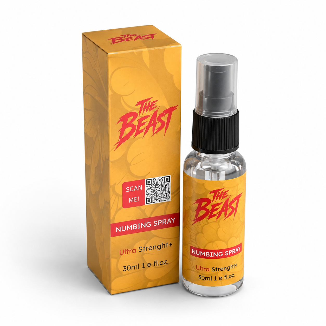 Bottle of THE BEAST NUMBING SPRAY GOLD for fast tattoo pain relief and swelling reduction