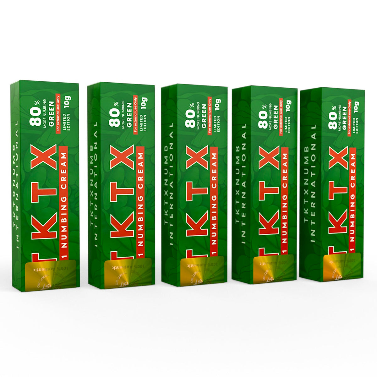 TKTX Cream Green 80% five-pack in green rectangular boxes, each containing a 10g numbing cream tube