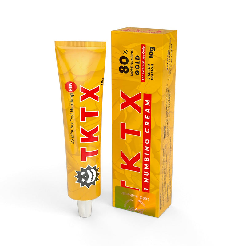 TKTX Cream Gold numbing cream in a yellow tube and matching box, featuring bold red branding and 10g size details