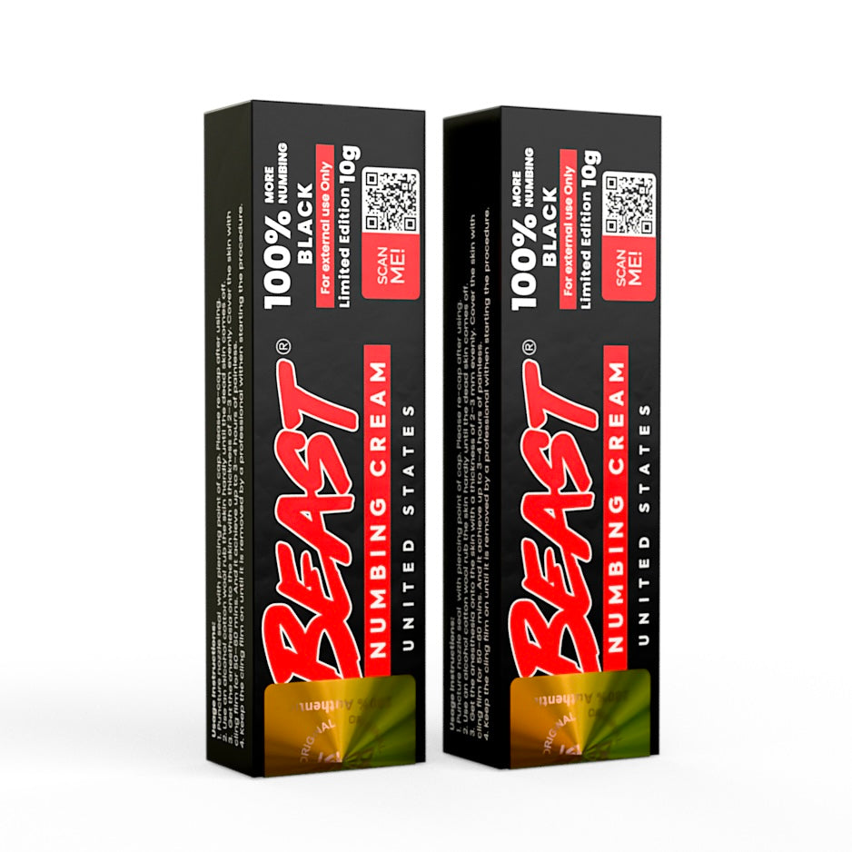 The Beast Cream Black numbing cream, two black 10g cartons with bold red branding and gold foil accents
