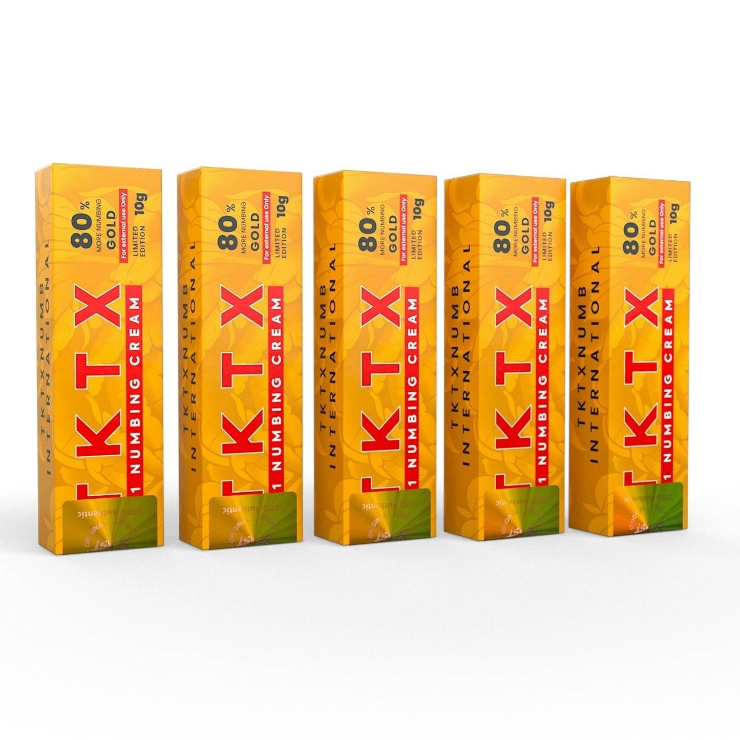 TKTX Tattoo Numbing Cream Gold 80% for tattoos and cosmetic procedures, fast-acting and long-lasting pain relief, 5 packs