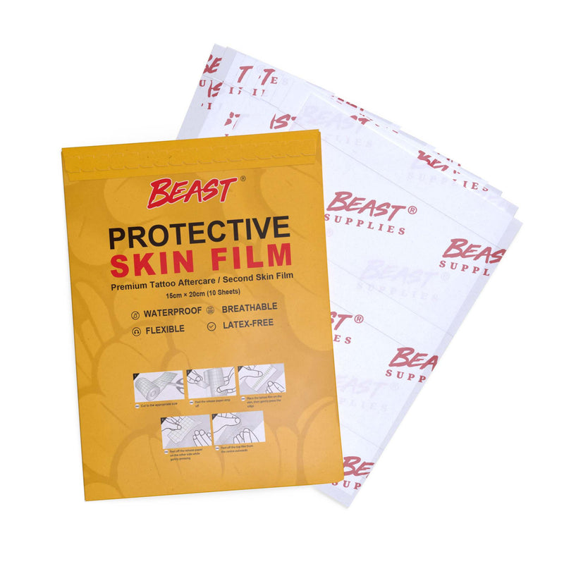 The Beast Second Skin Protective Film 10-sheet pack for tattoo aftercare, breathable waterproof and transparent protective barrier