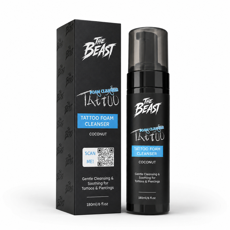 Beast Tattoo Foam Cleanser in coconut formula for cooling, hydrating, and soothing tattooed and pierced skin, 180ml bottle