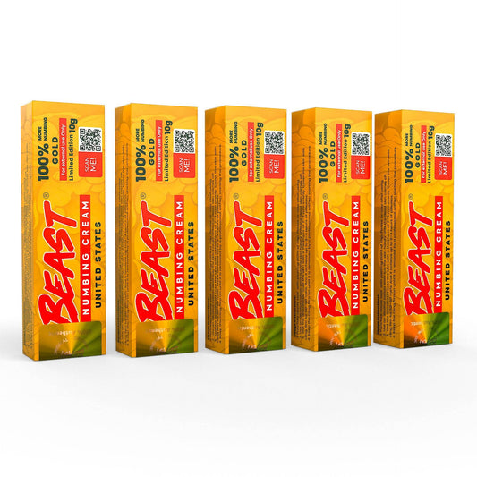 The Beast Numbing Cream in five upright yellow-orange boxes, with bold red lettering, green accents and 100% labels.